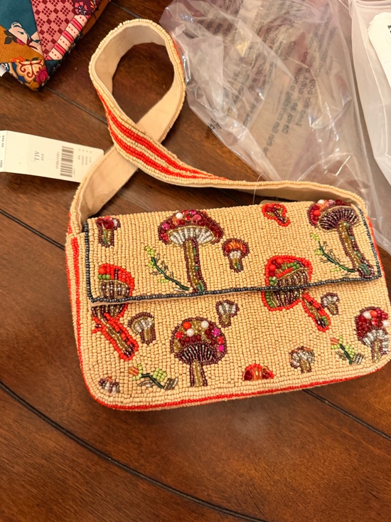 Anthropologie Handbags - Anthropologie Beaded Mushroom Crossbody in Beige and Red